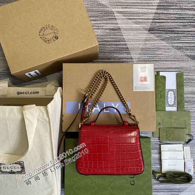 Gucci新款女包 古馳雙G銜縫迷你手提單肩斜挎鏈條包 Gucci鱷魚紋牛皮GG Marmont郵差包系列女包 547260  ydg3204